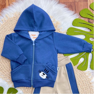 Conj. Jaqueta com Capuz Tigre Baby e Calça de Moletom - Azul Jeans